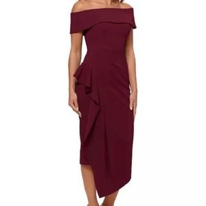 BETSY & ADAM Off-The-Shoulder Midi Crepe Ruffle Dress in BURGUNDY